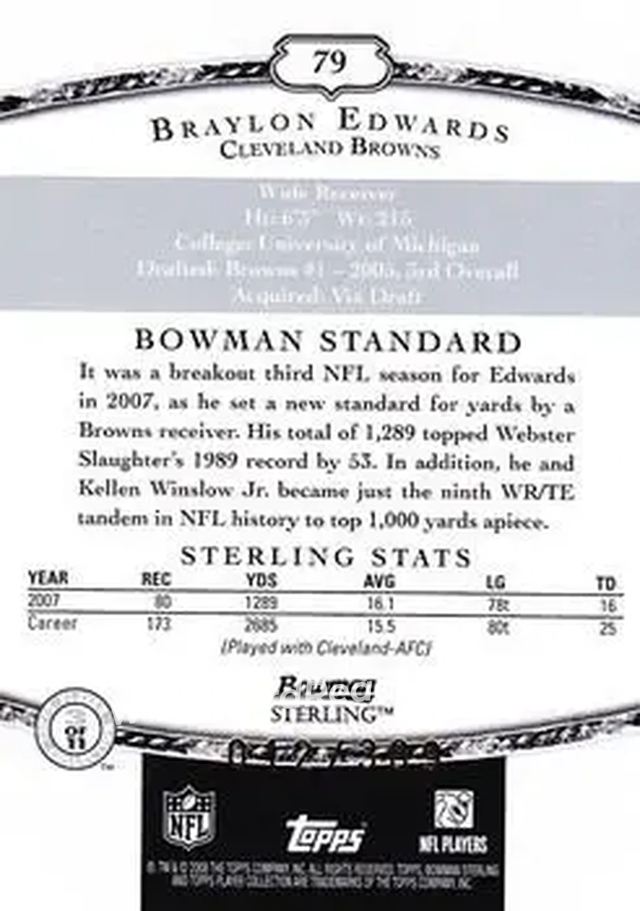 2008 Bowman Sterling #79 - Braylon Edwards - Cleveland Browns - Back