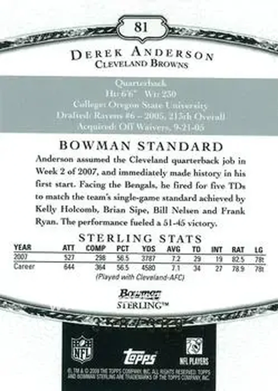 2008 Bowman Sterling #81 - Derek Anderson - Cleveland Browns - Back