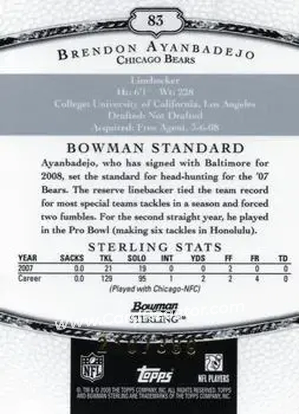2008 Bowman Sterling #83 - Brendon Ayanbadejo - Chicago Bears - Back