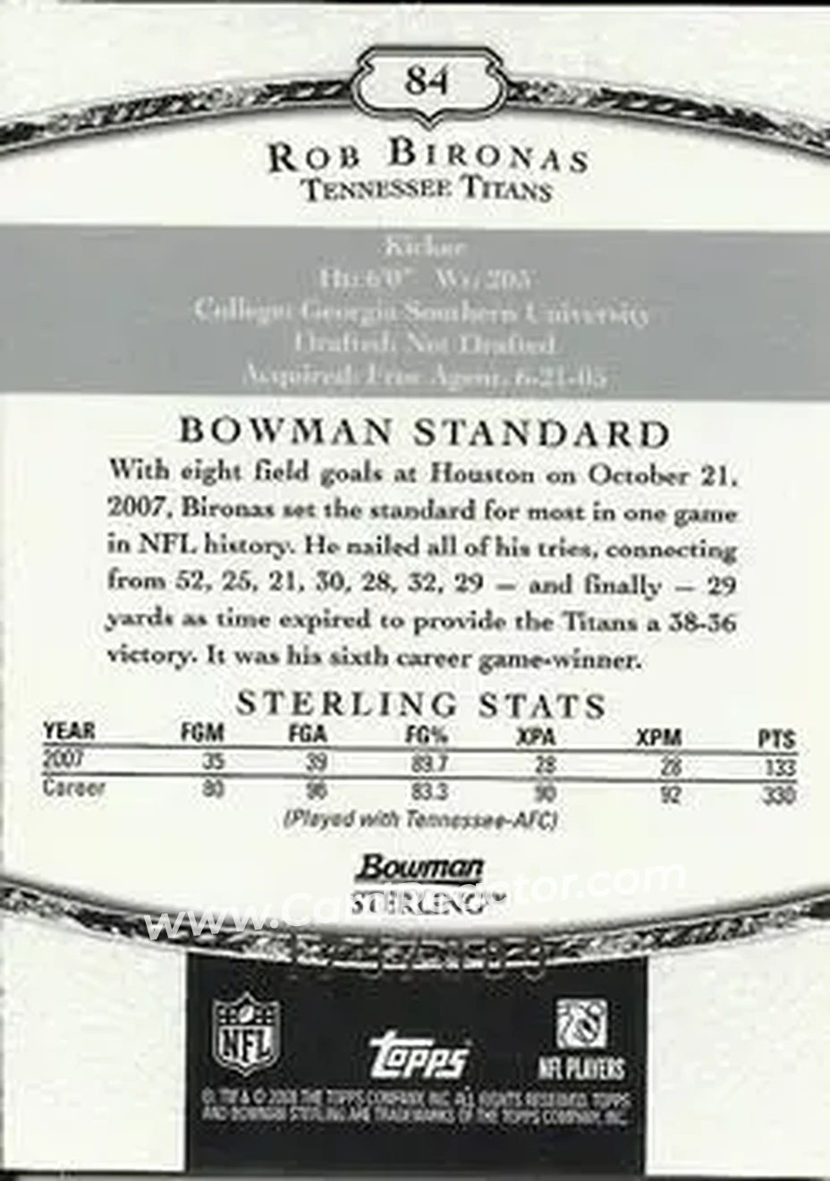 2008 Bowman Sterling #84 - Rob Bironas - Tennessee Titans - Back