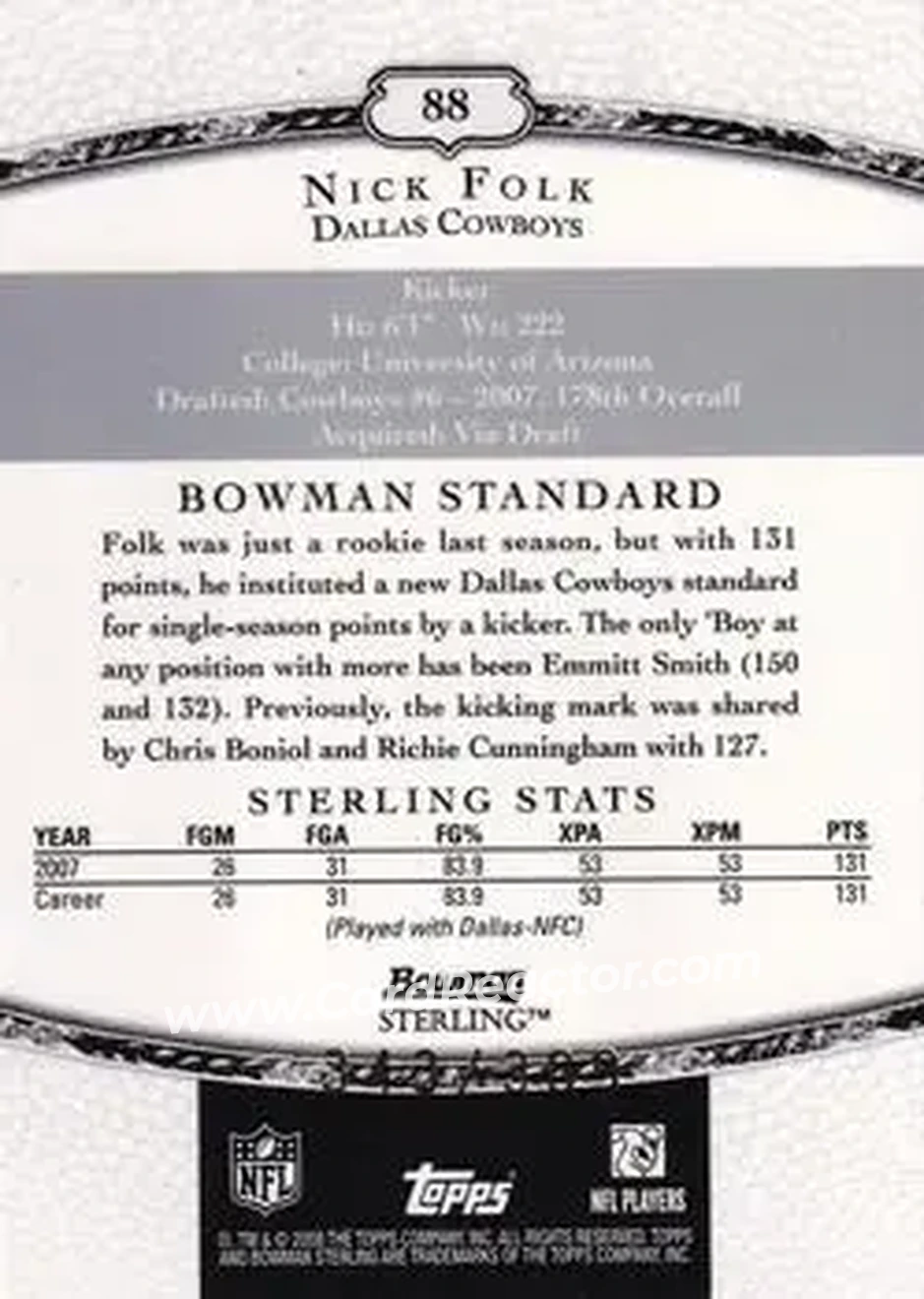 2008 Bowman Sterling #88 - Nick Folk - Dallas Cowboys - Back
