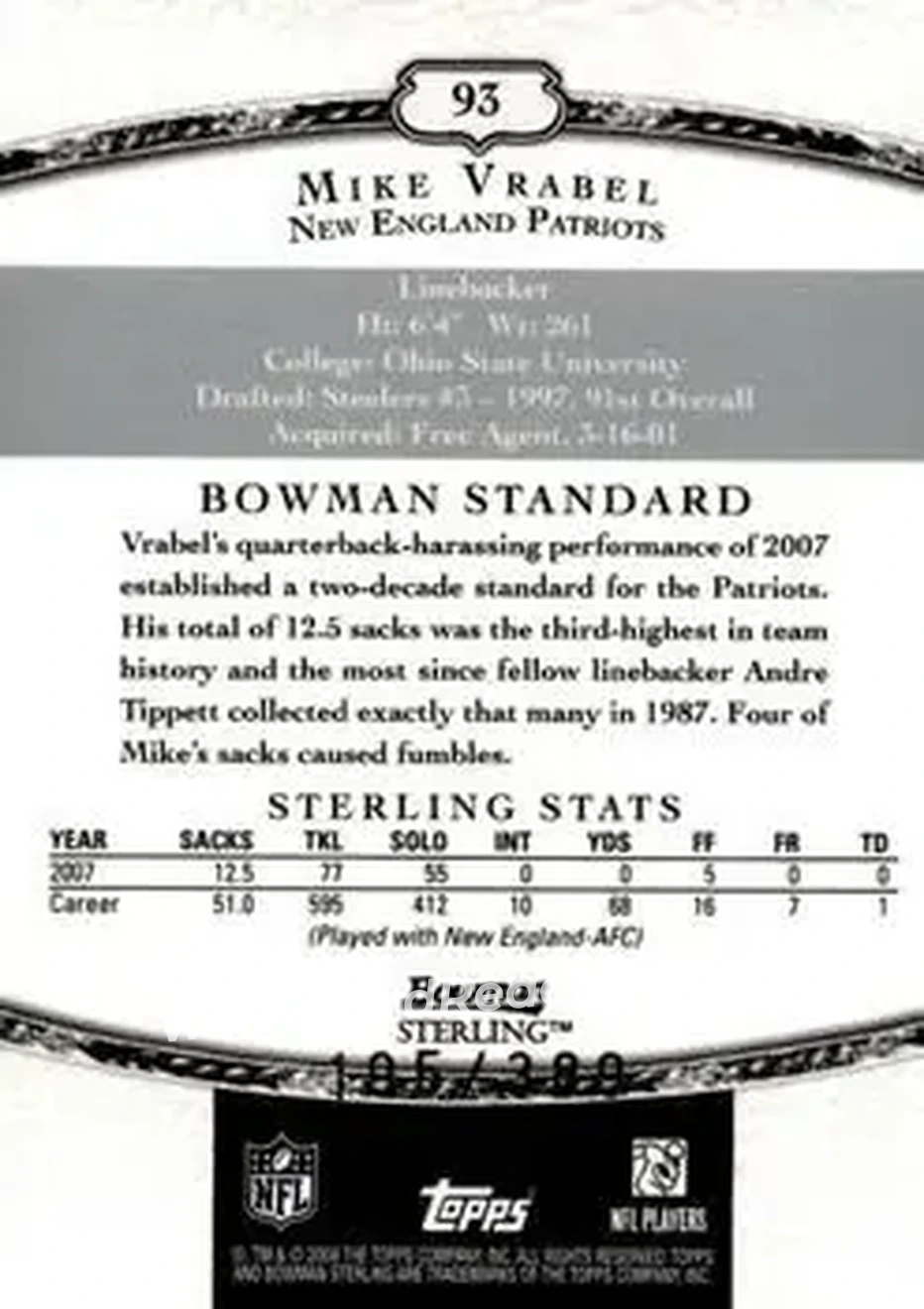 2008 Bowman Sterling #93 - Mike Vrabel - New England Patriots - Back