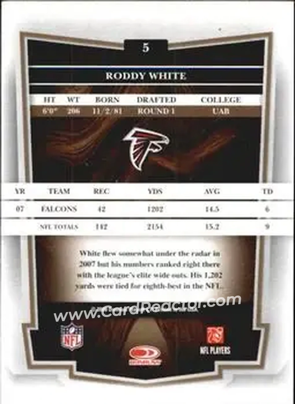 2008 Donruss Classics #5 - Roddy White - Atlanta Falcons - Back