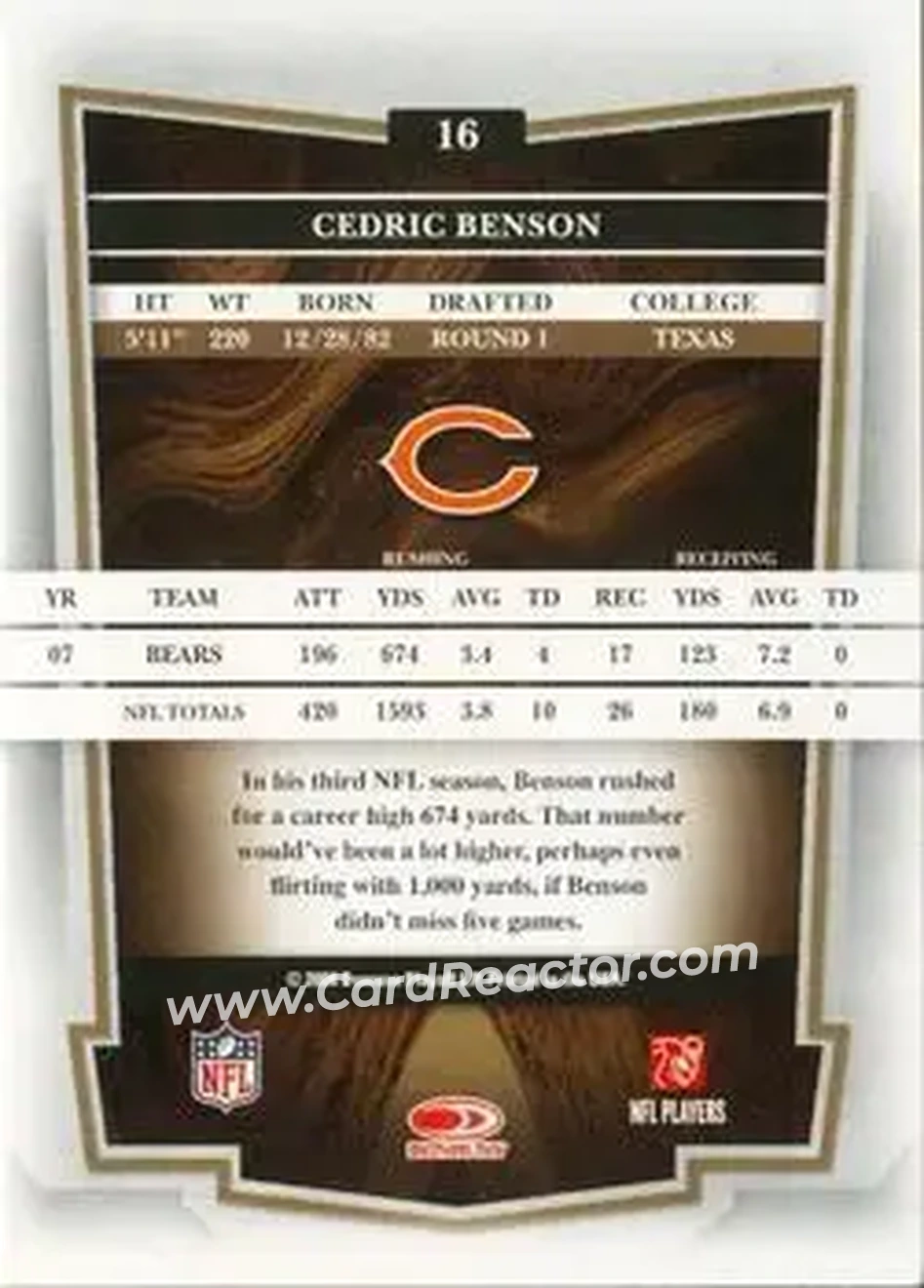 2008 Donruss Classics #16 - Cedric Benson - Chicago Bears - Back