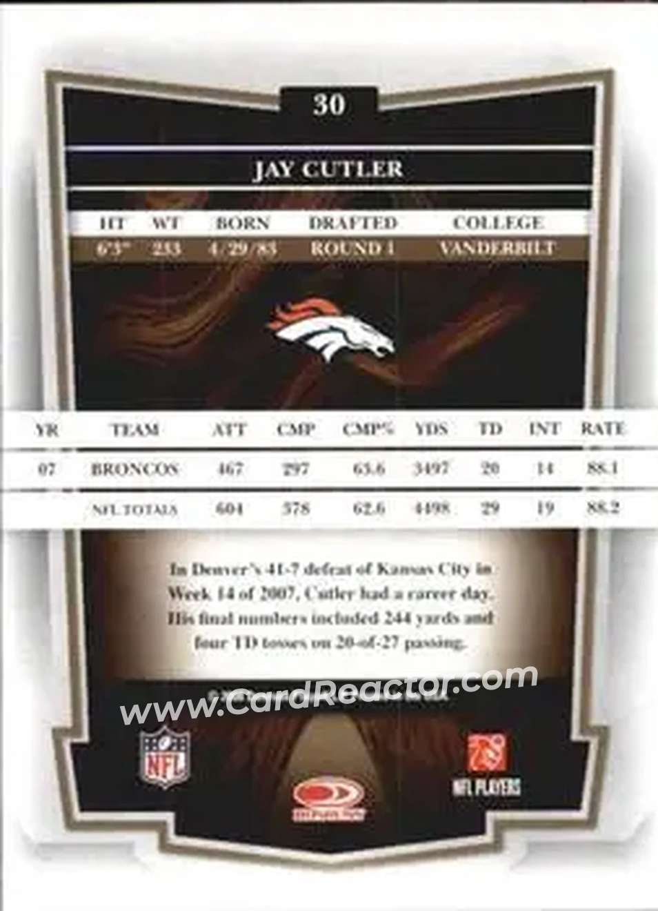 2008 Donruss Classics #30 - Jay Cutler - Denver Broncos - Back