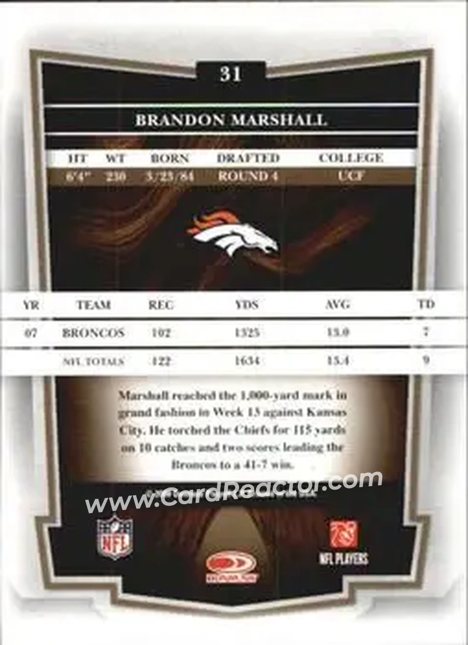 2008 Donruss Classics #31 - Brandon Marshall - Denver Broncos - Back