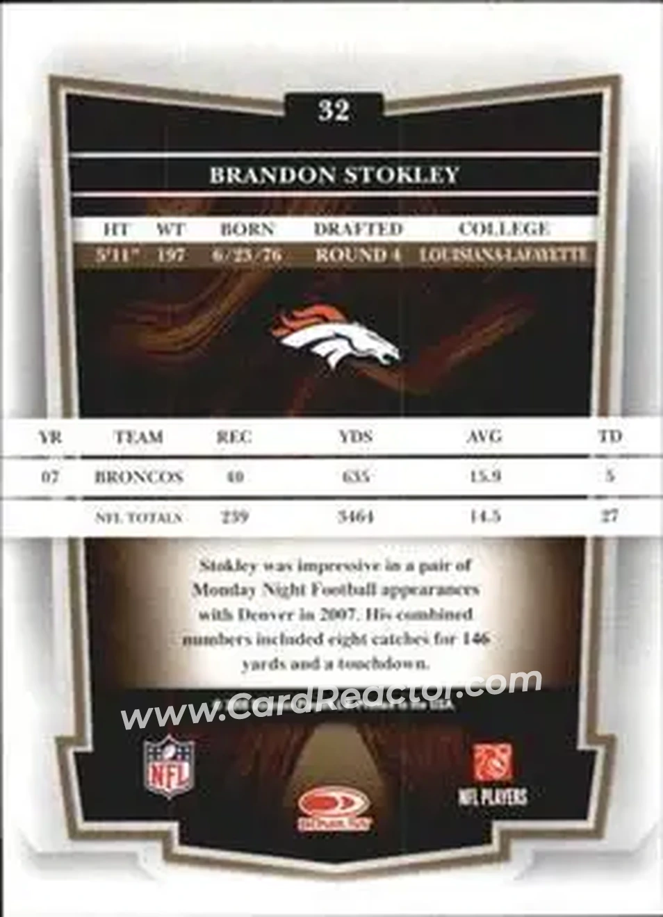 2008 Donruss Classics #32 - Brandon Stokley - Denver Broncos - Back