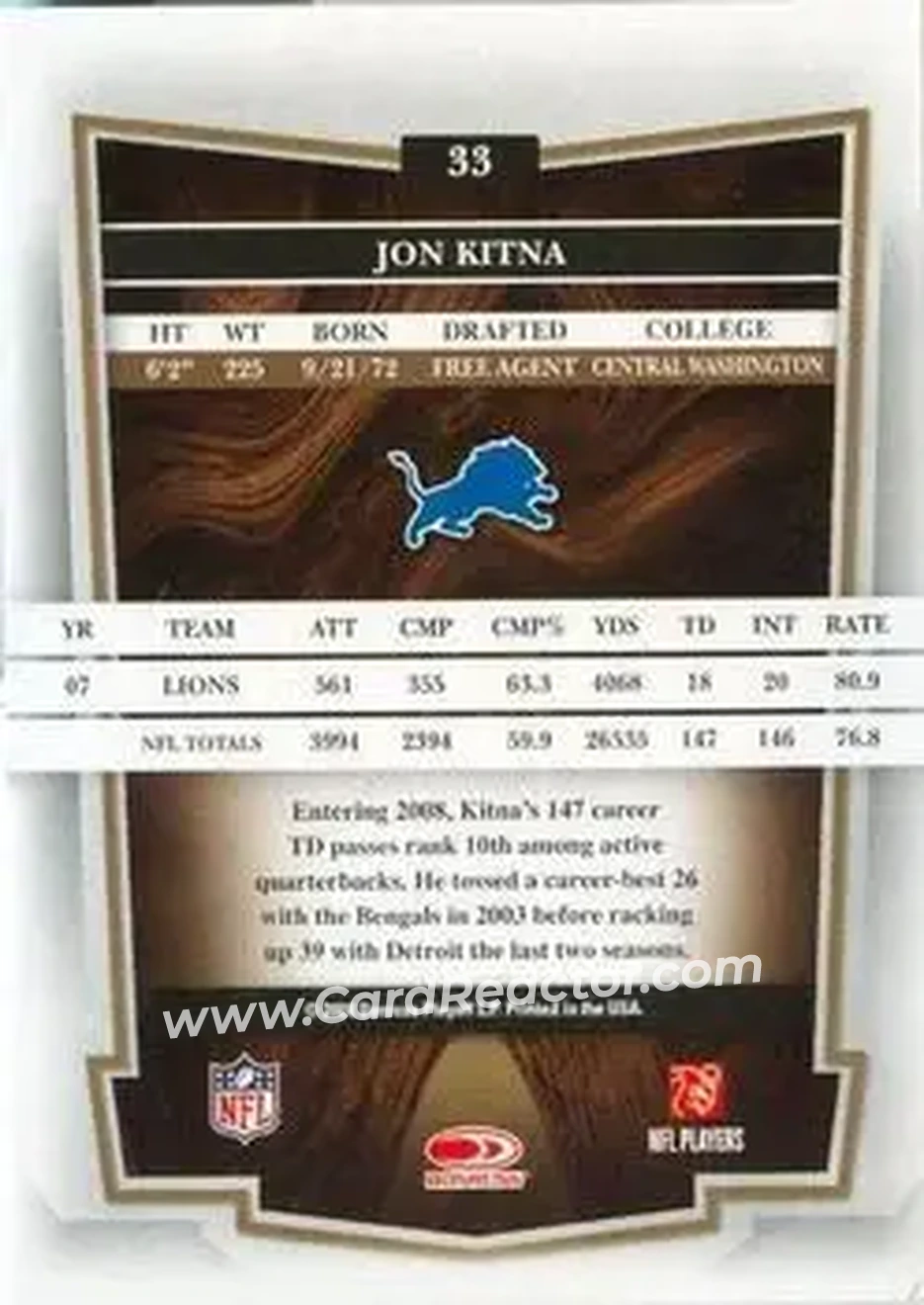 2008 Donruss Classics #33 - Jon Kitna - Detroit Lions - Back