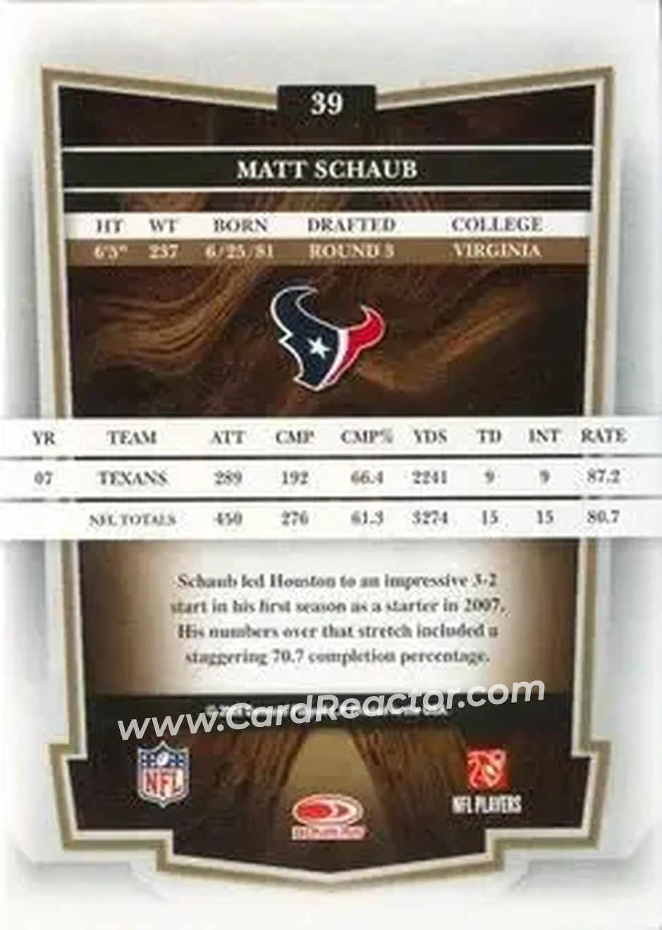 2008 Donruss Classics #39 - Matt Schaub - Houston Texans - Back