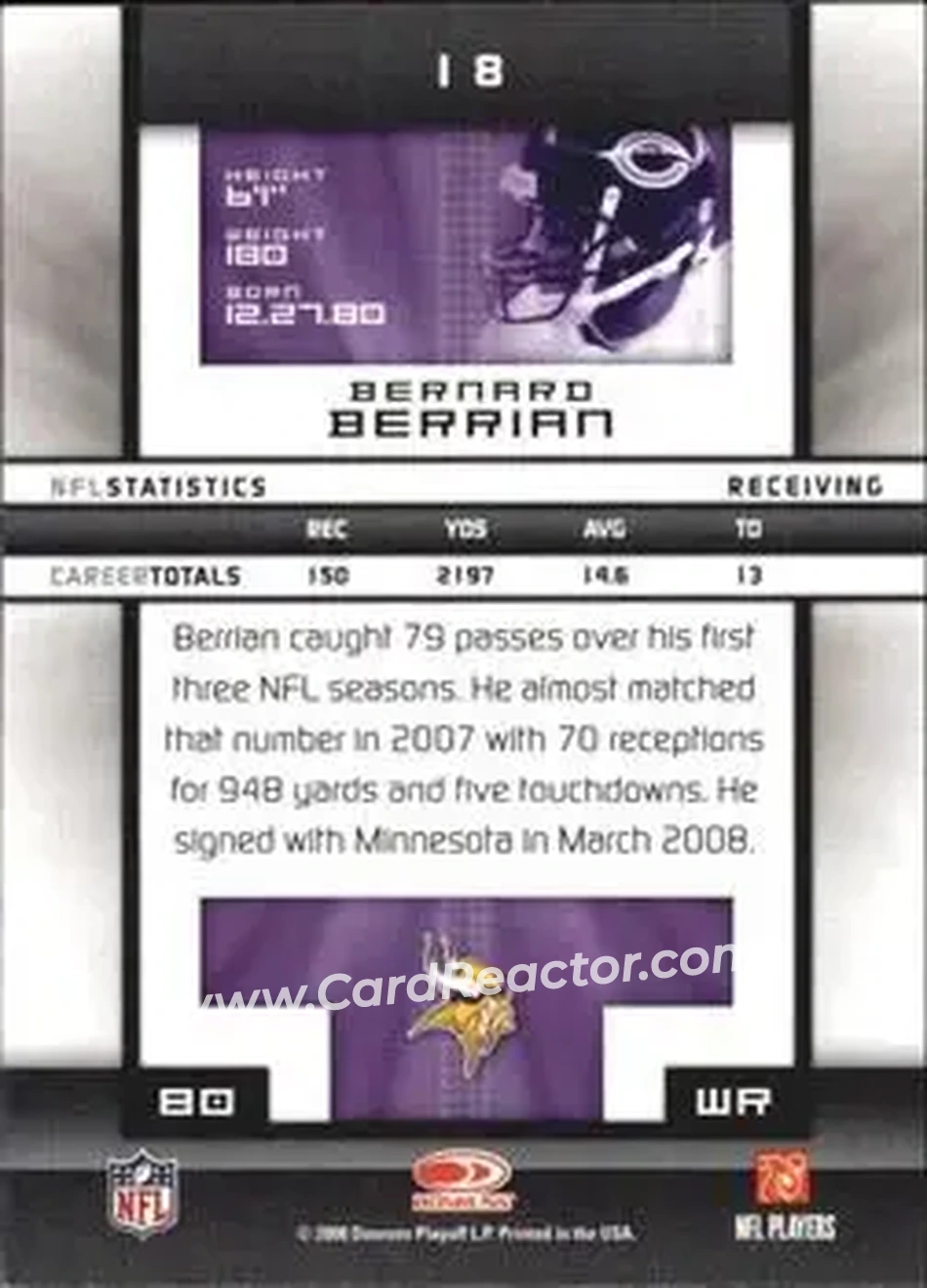 2008 Donruss Elite #18 - Bernard Berrian - Minnesota Vikings - Back