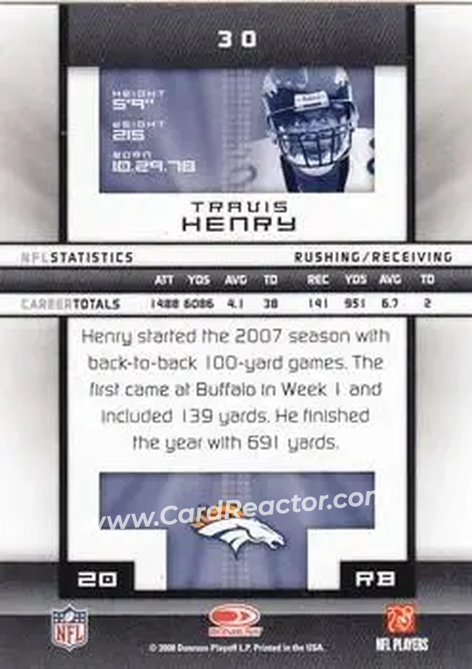 2008 Donruss Elite #30 - Travis Henry - Denver Broncos - Back