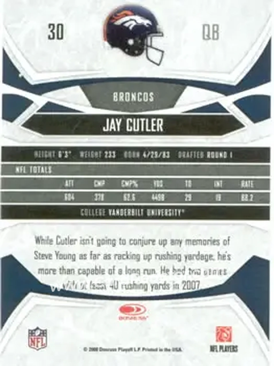 2008 Donruss Gridiron Gear #30 - Jay Cutler - Denver Broncos - Back