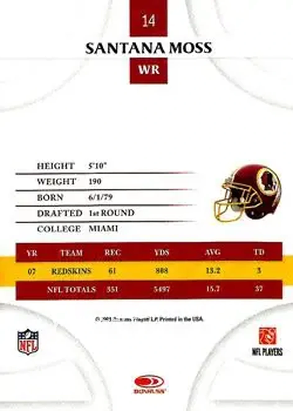 2008 Donruss Threads #14 - Santana Moss - Washington Redskins - Back