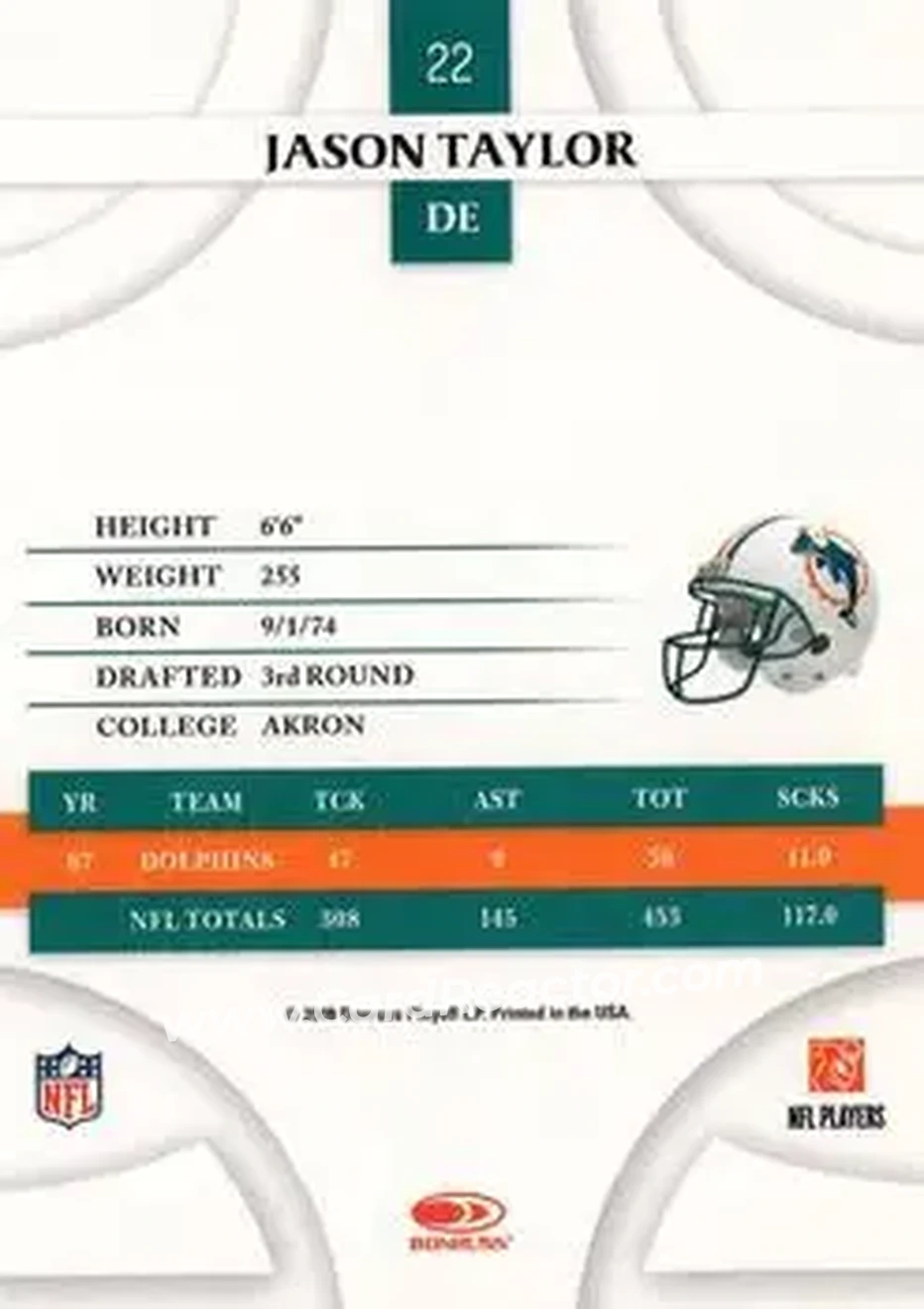 2008 Donruss Threads #22 - Jason Taylor - Miami Dolphins - Back