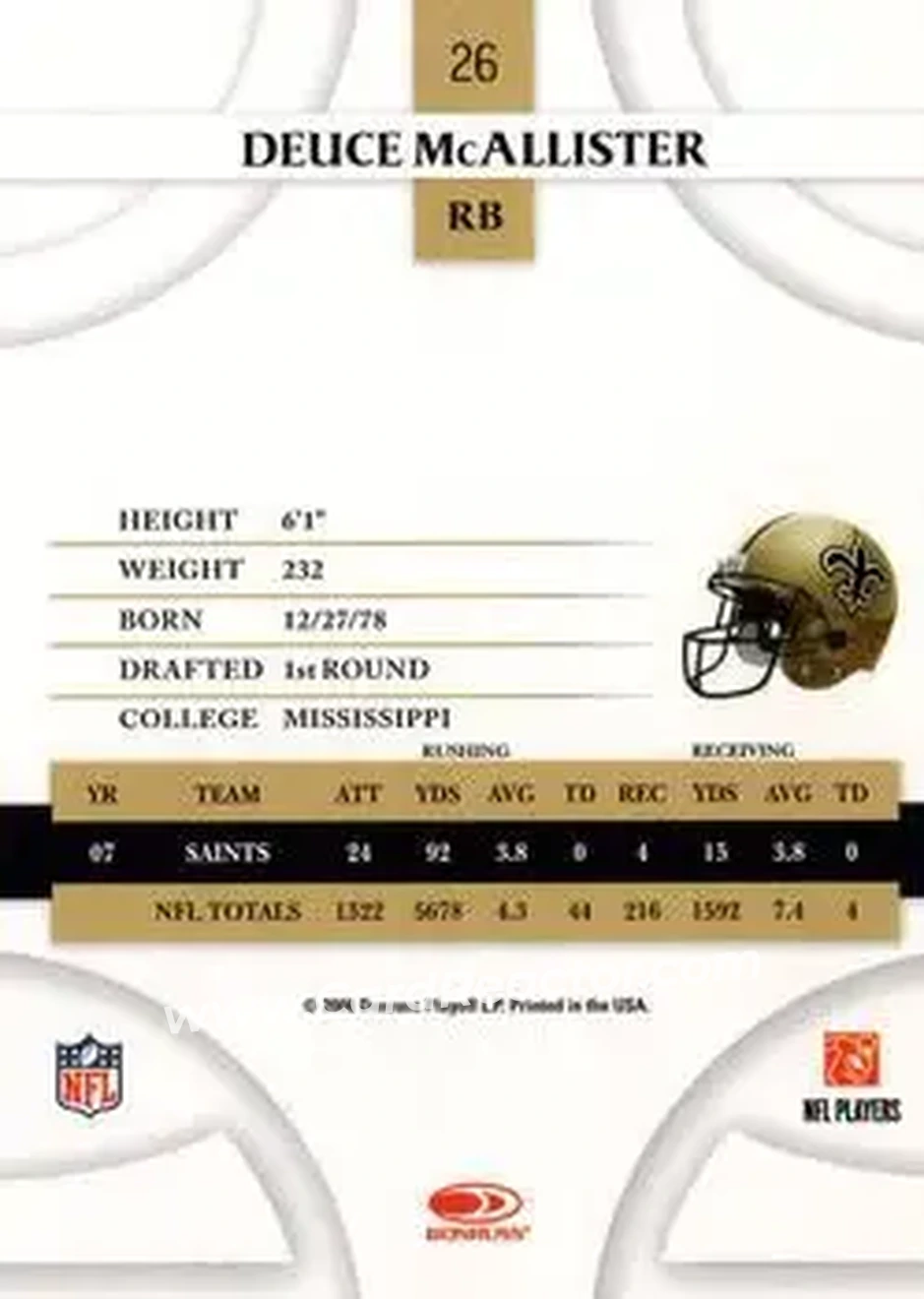 2008 Donruss Threads #26 - Deuce McAllister - New Orleans Saints - Back 2008 Donruss Threads #26 - Deuce McAllister - New Orleans Saints - Back