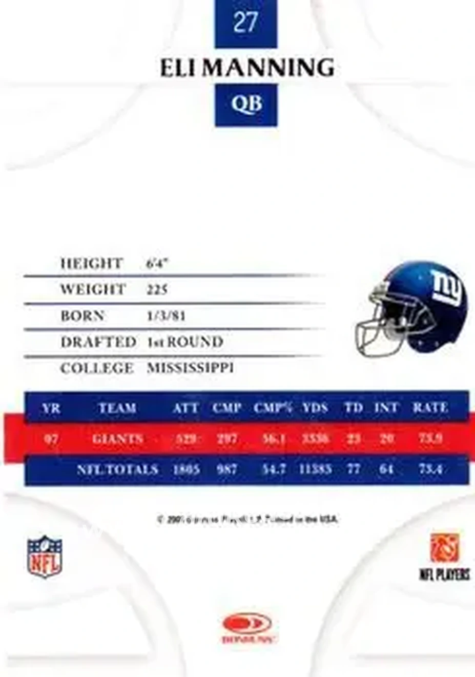 2008 Donruss Threads #27 - Eli Manning - New York Giants - Back
