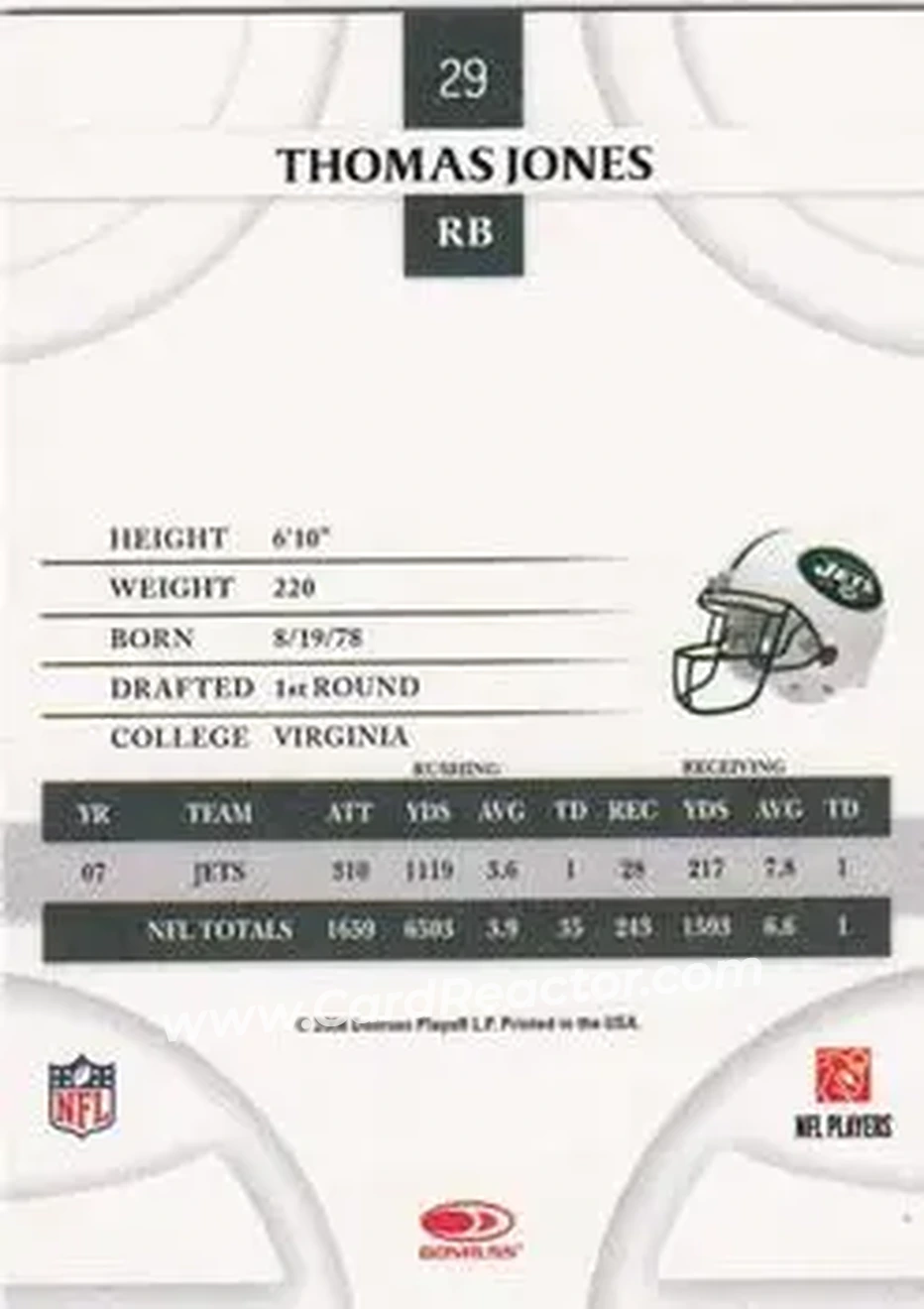 2008 Donruss Threads #29 - Thomas Jones - New York Jets - Back 2008 Donruss Threads #29 - Thomas Jones - New York Jets - Back