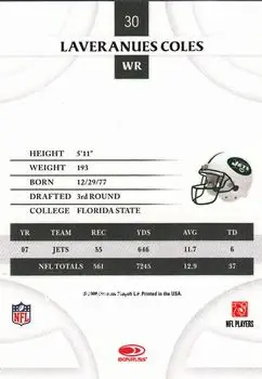 2008 Donruss Threads #30 - Laveranues Coles - New York Jets - Back 2008 Donruss Threads #30 - Laveranues Coles - New York Jets - Back
