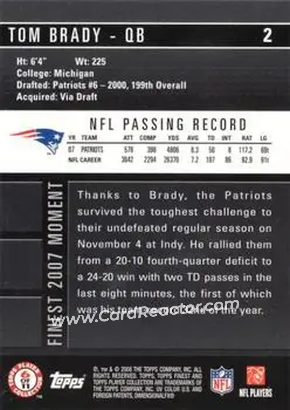 2008 Finest #2 - Tom Brady - New England Patriots - Back 2008 Finest #2 - Tom Brady - New England Patriots - Back