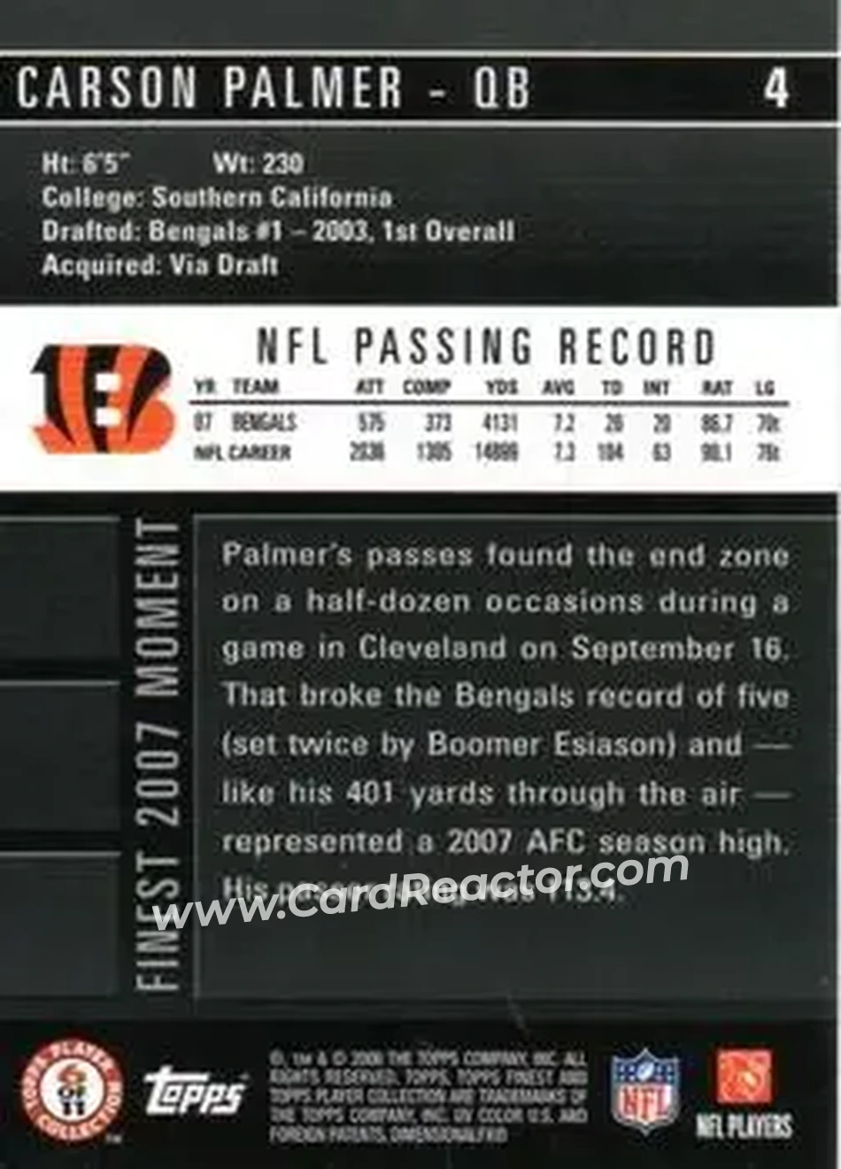 2008 Finest #4 - Carson Palmer - Cincinnati Bengals - Back