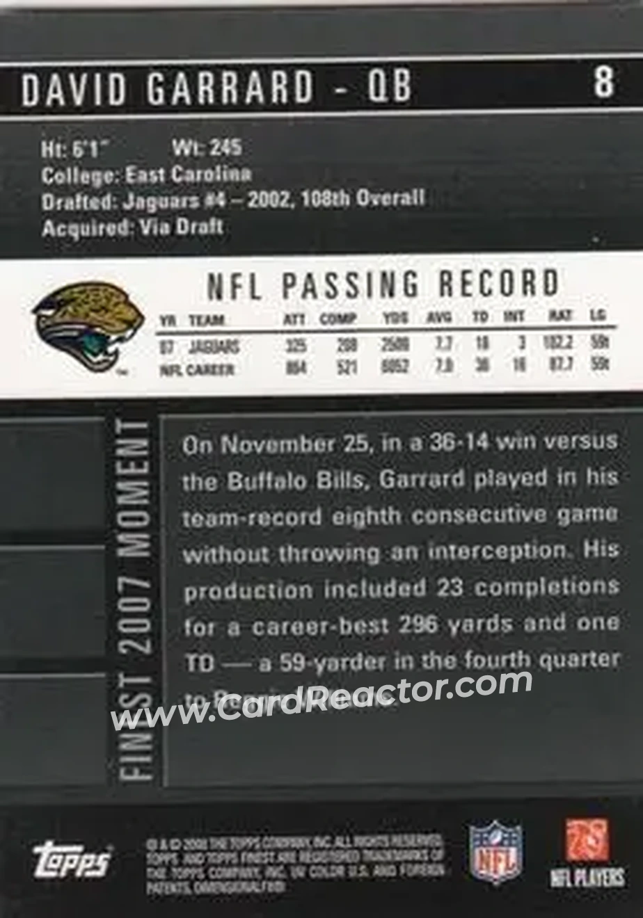 2008 Finest #8 - David Garrard - Jacksonville Jaguars - Back
