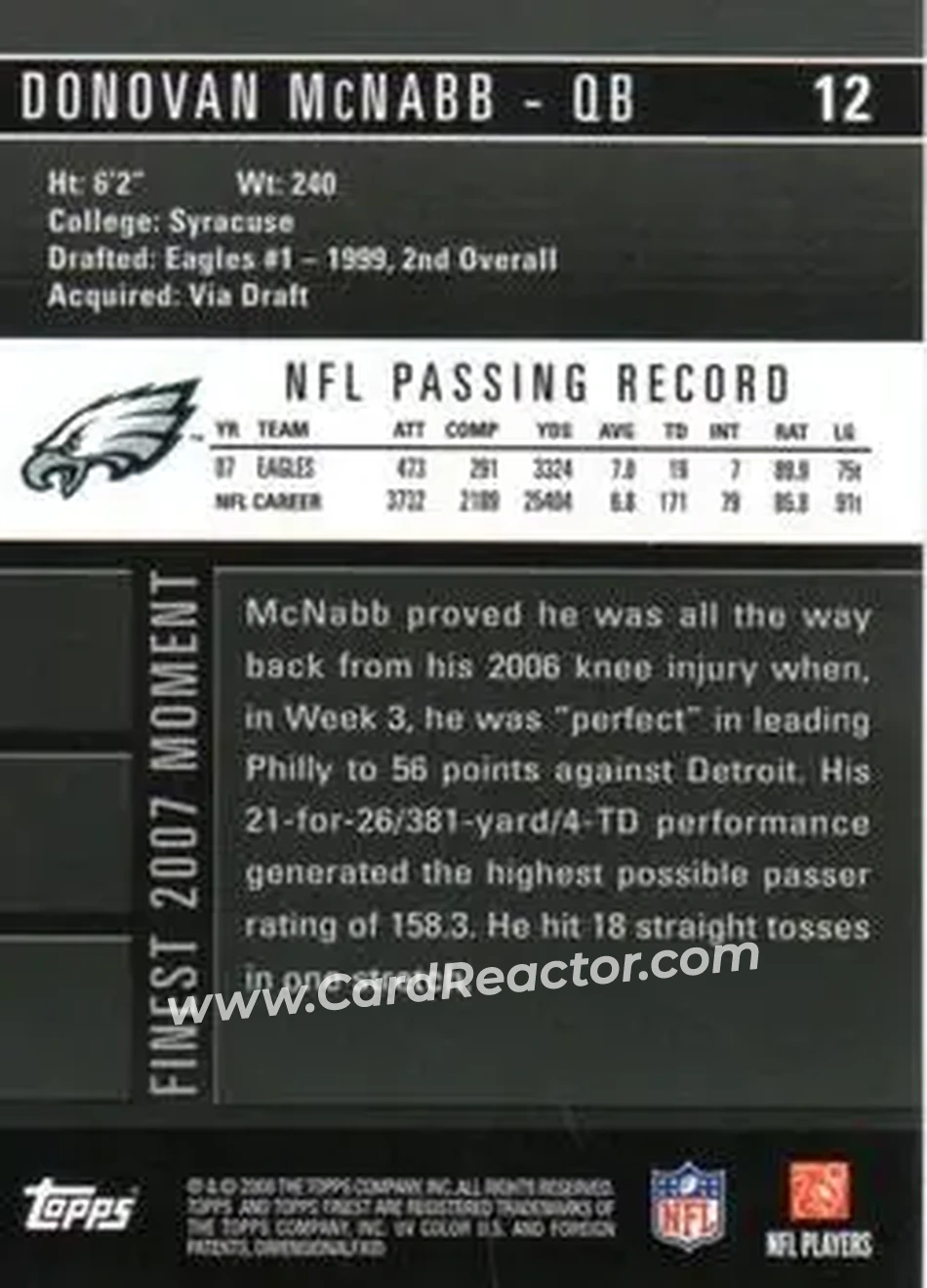 2008 Finest #12 - Donovan McNabb - Philadelphia Eagles - Back