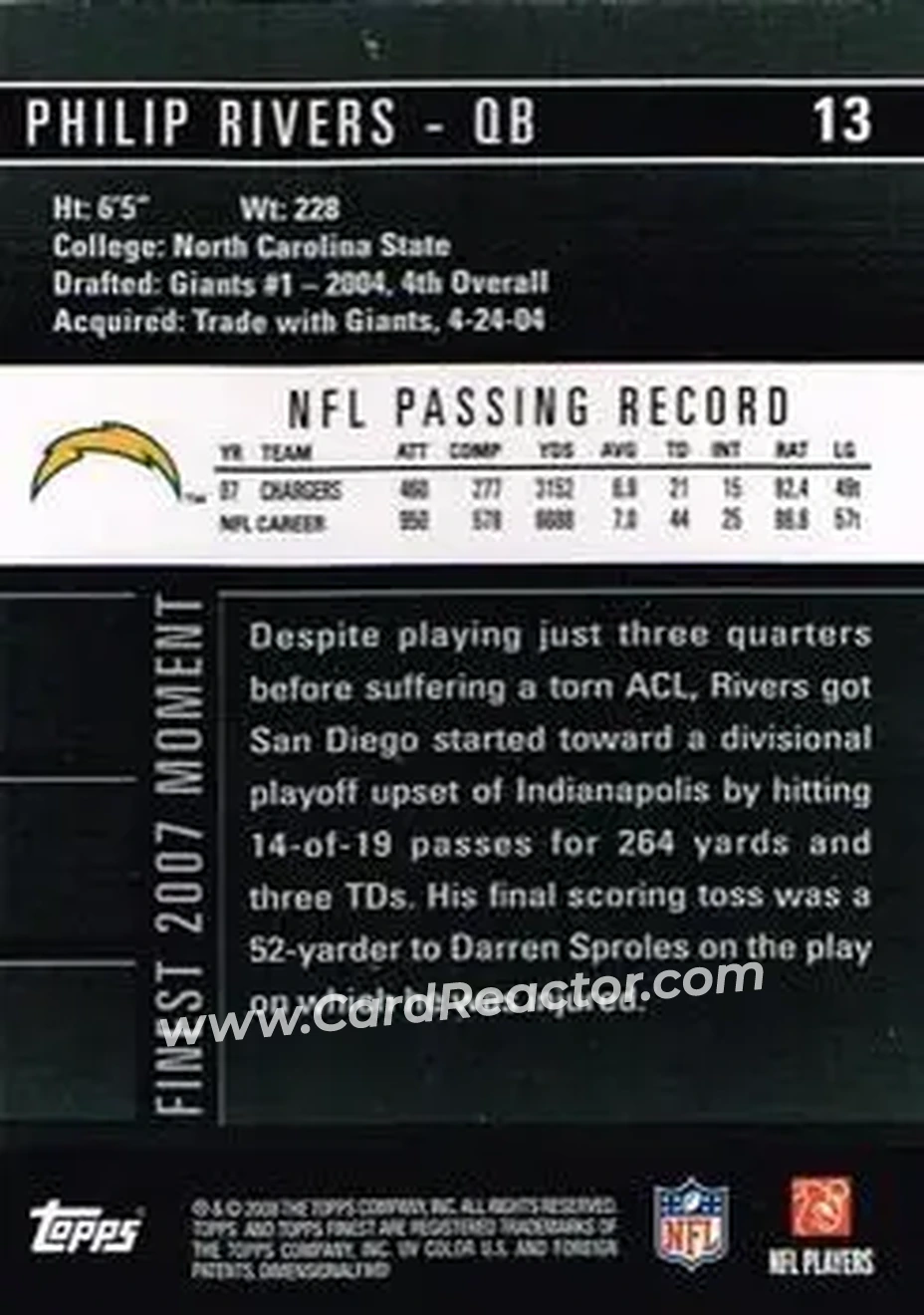 2008 Finest #13 - Philip Rivers - San Diego Chargers - Back