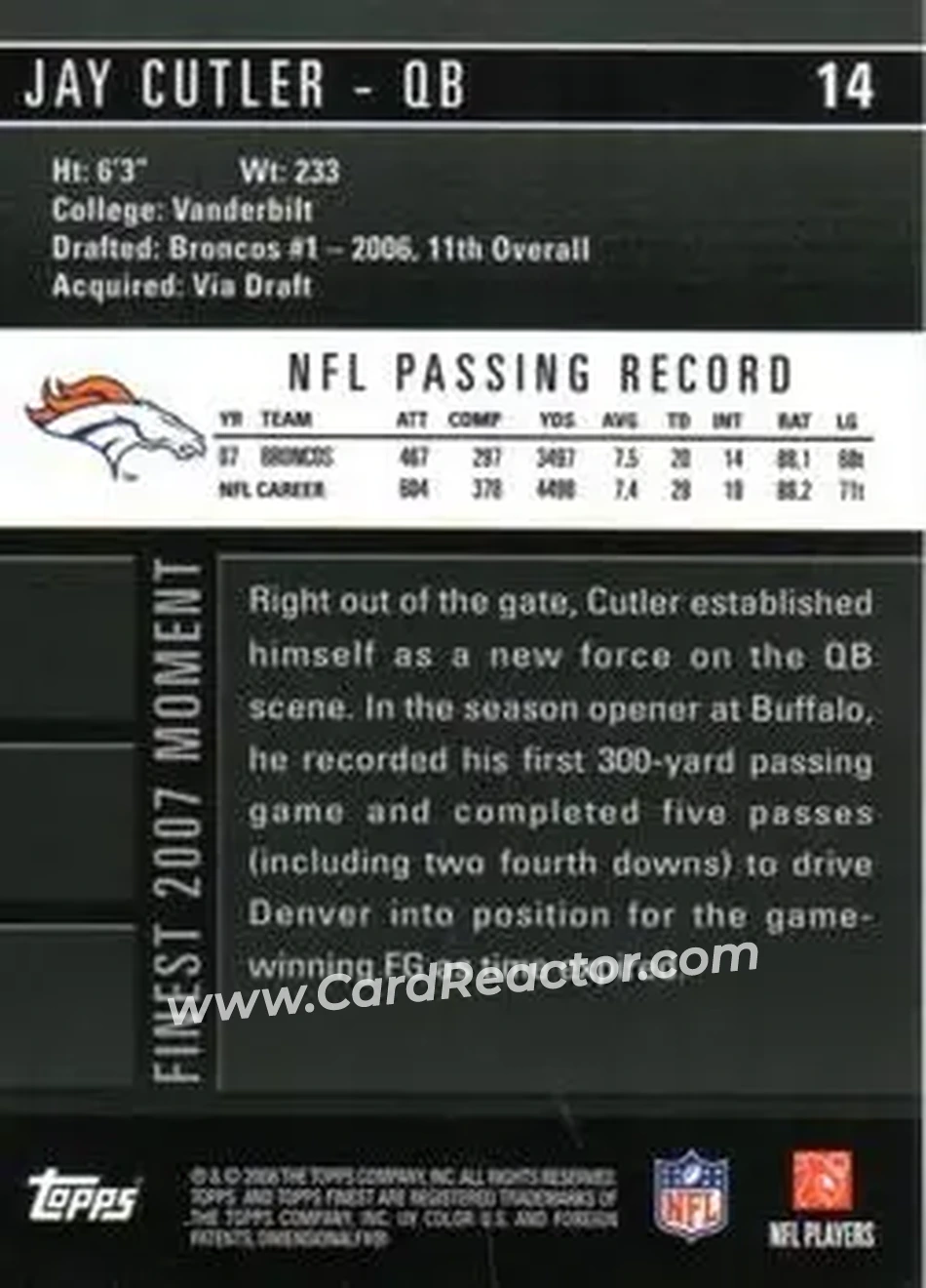 2008 Finest #14 - Jay Cutler - Denver Broncos - Back