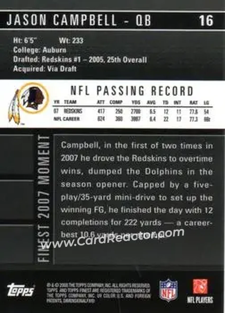 2008 Finest #16 - Jason Campbell - Washington Redskins - Back
