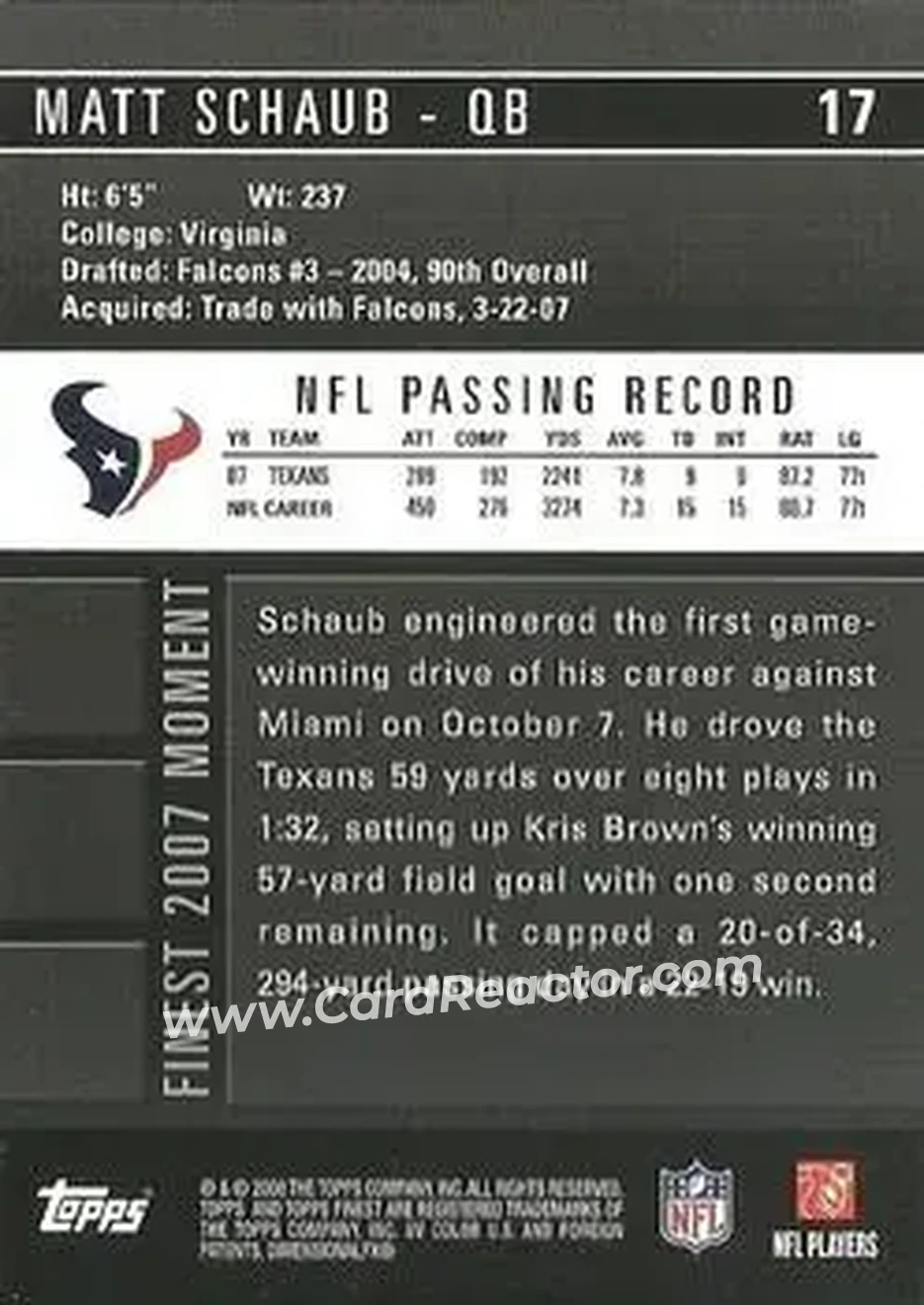 2008 Finest #17 - Matt Schaub - Houston Texans - Back