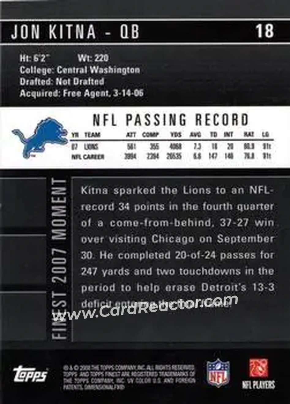 2008 Finest #18 - Jon Kitna - Detroit Lions - Back