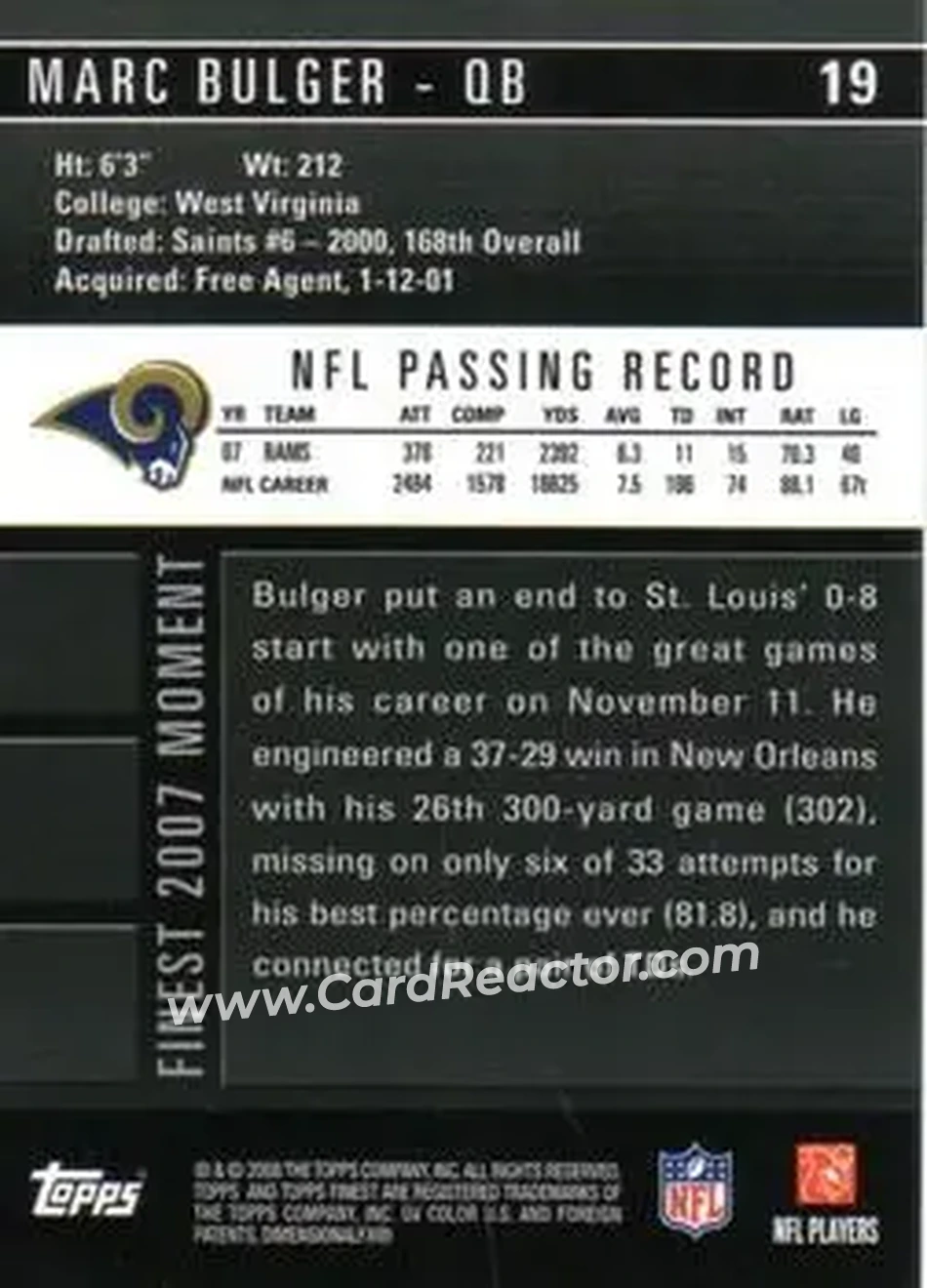2008 Finest #19 - Marc Bulger - St. Louis Rams - Back