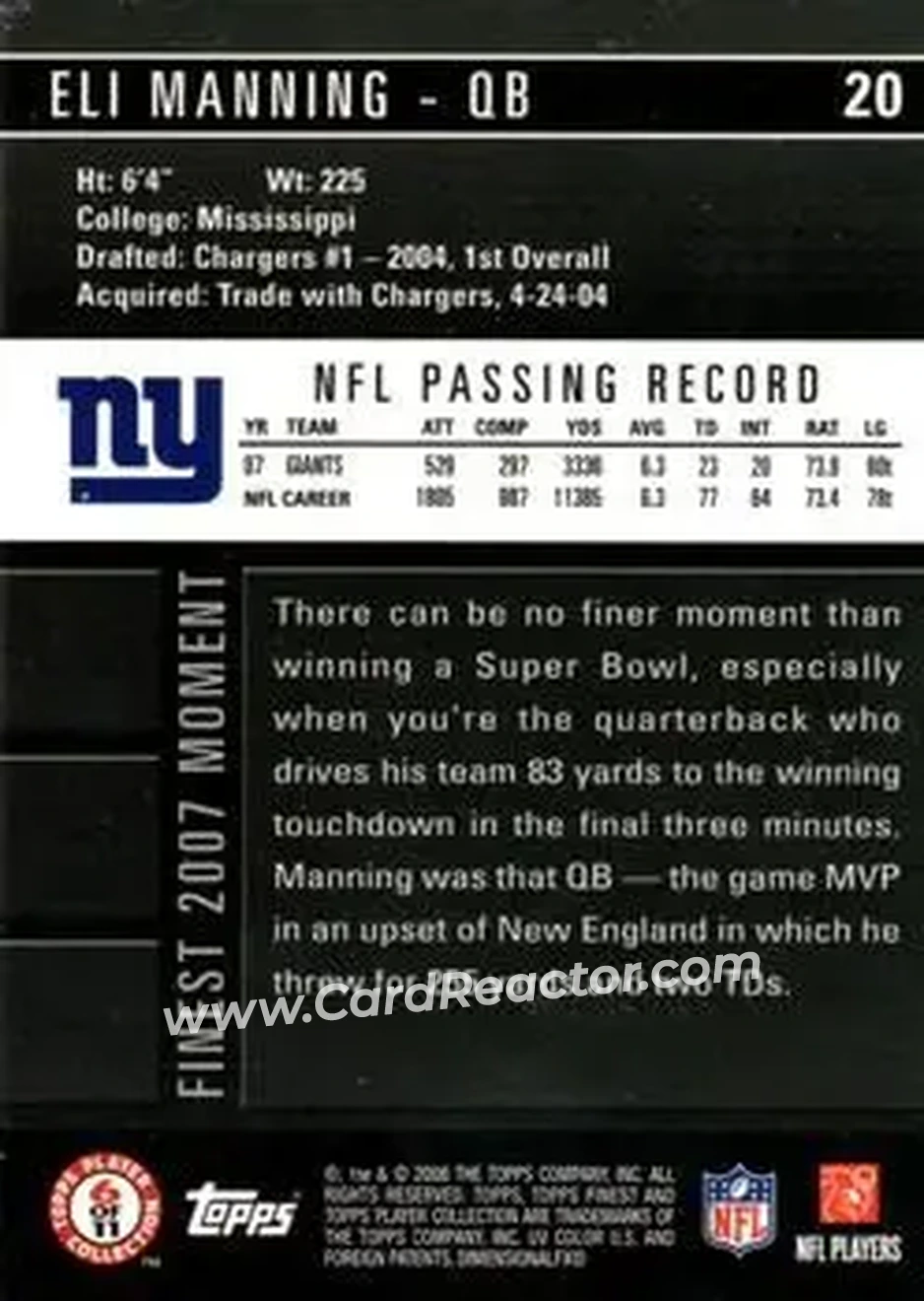 2008 Finest #20 - Eli Manning - New York Giants - Back