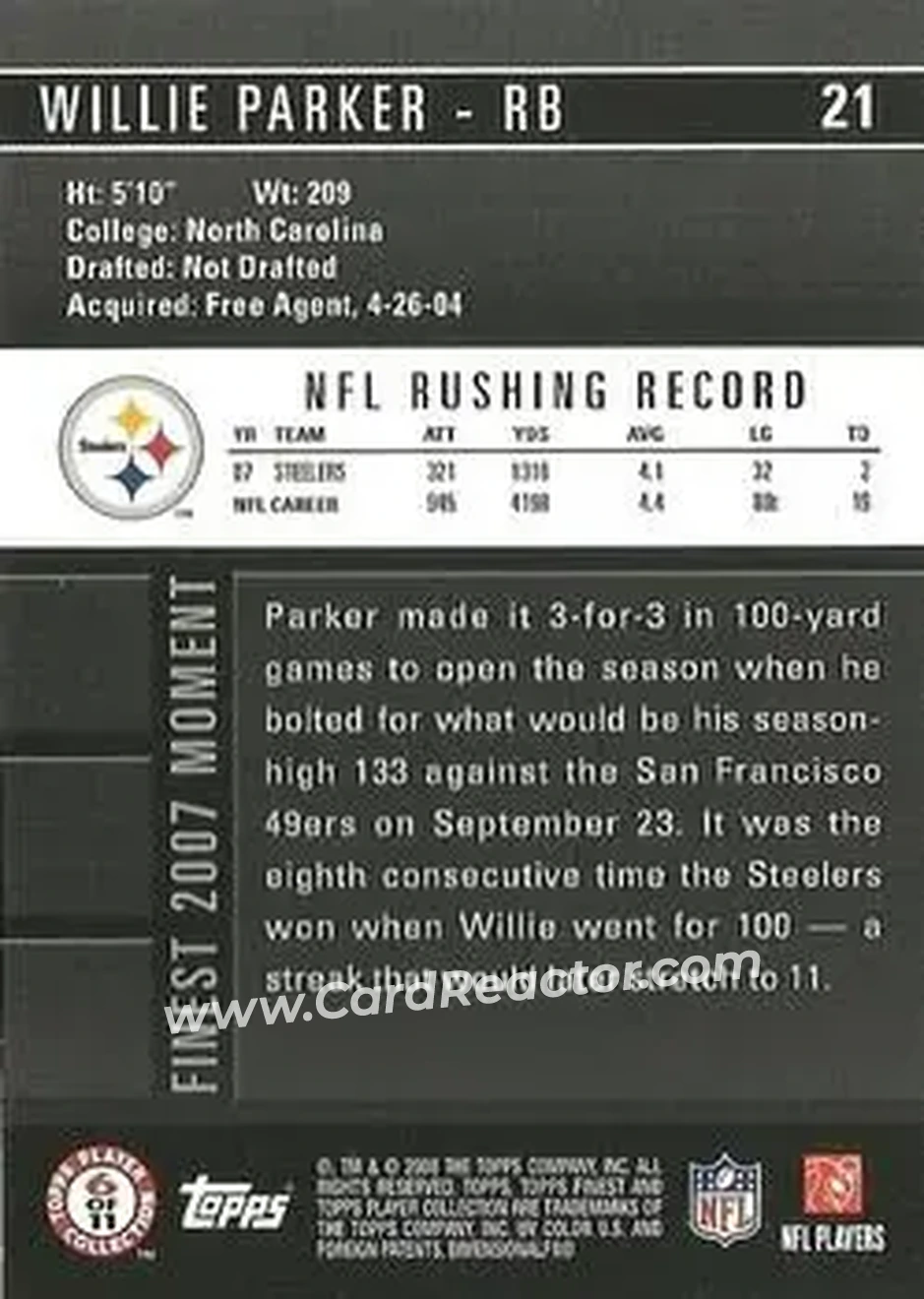 2008 Finest #21 - Willie Parker - Pittsburgh Steelers - Back