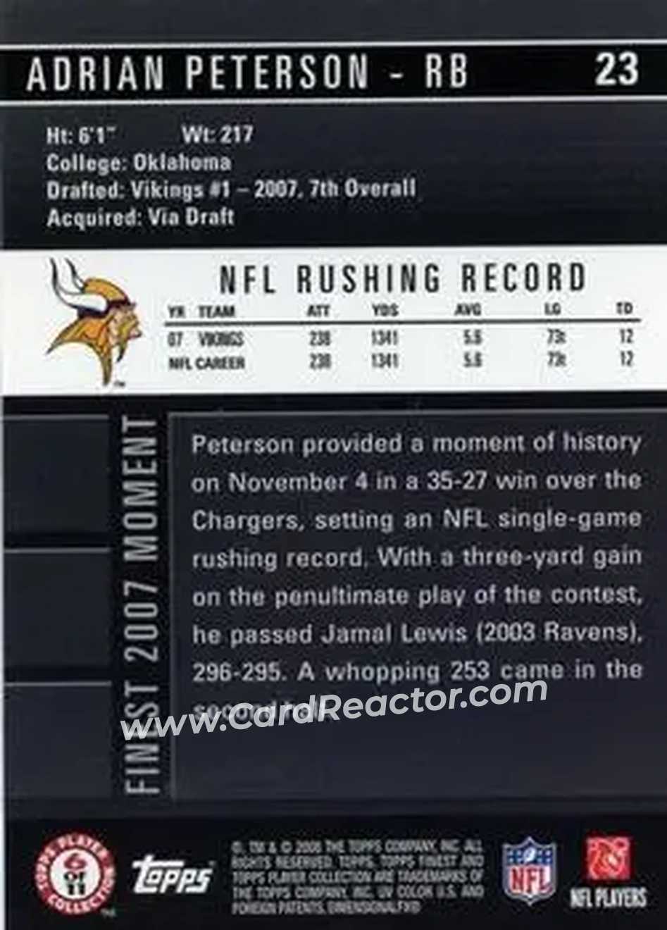 2008 Finest #23 - Adrian Peterson - Minnesota Vikings - Back