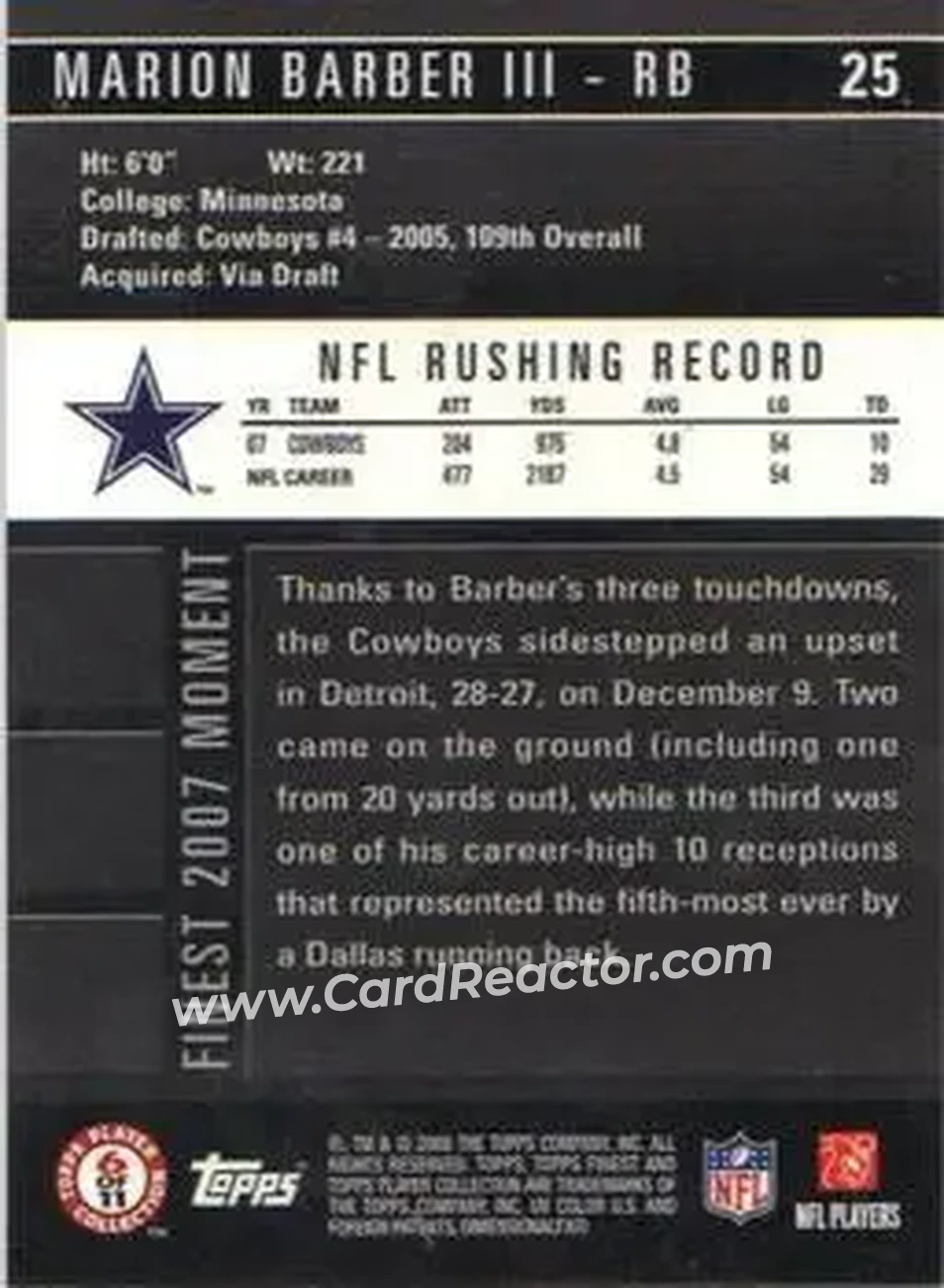 2008 Finest #25 - Marion Barber - Dallas Cowboys - Back
