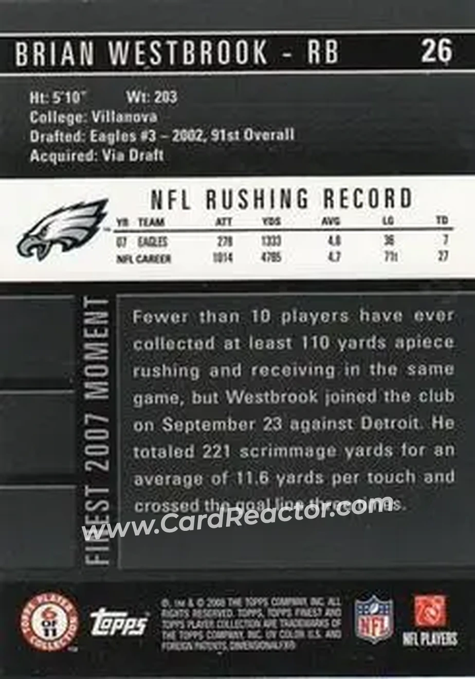2008 Finest #26 - Brian Westbrook - Philadelphia Eagles - Back