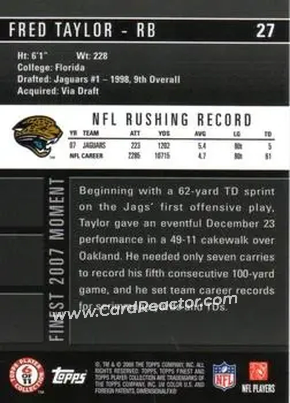 2008 Finest #27 - Fred Taylor - Jacksonville Jaguars - Back