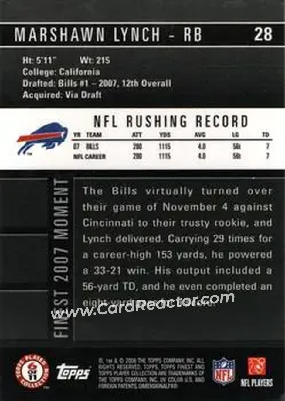 2008 Finest #28 - Marshawn Lynch - Buffalo Bills - Back