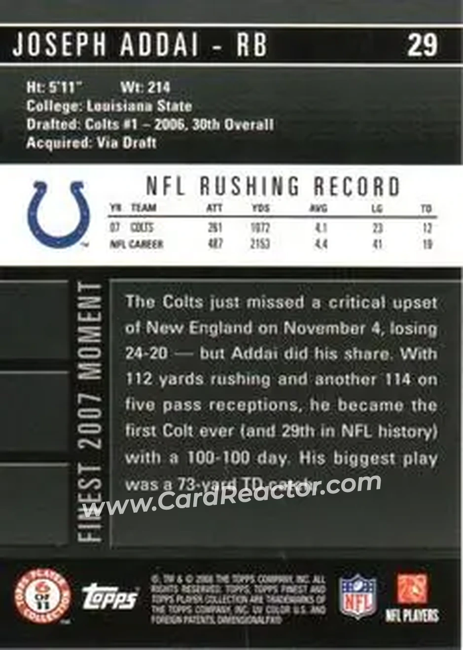 2008 Finest #29 - Joseph Addai - Indianapolis Colts - Back