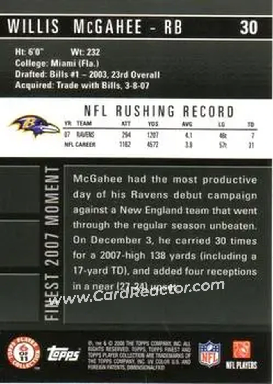 2008 Finest #30 - Willis McGahee - Baltimore Ravens - Back