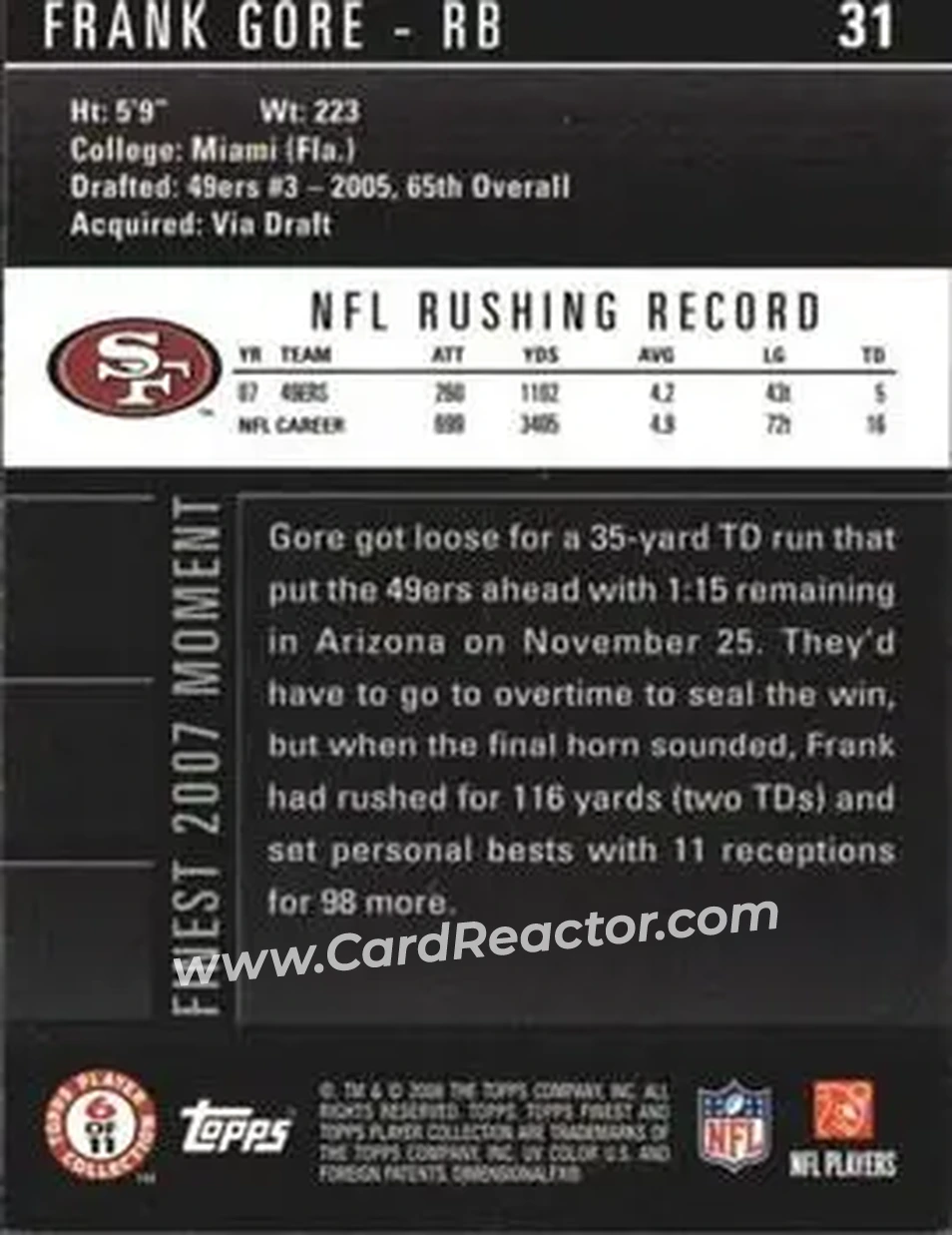 2008 Finest #31 - Frank Gore - San Francisco 49ers - Back