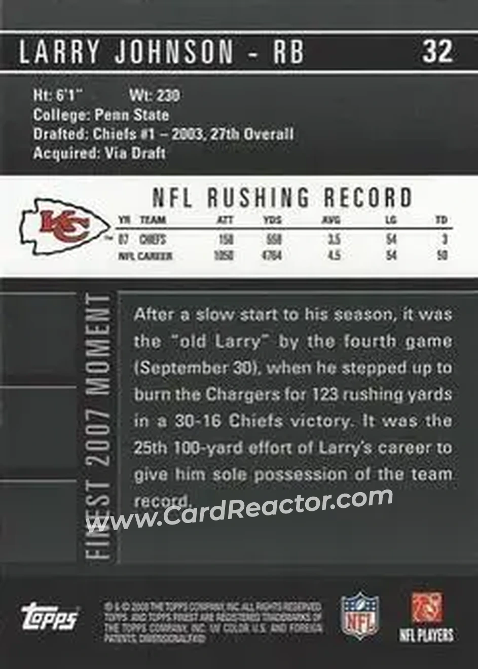 2008 Finest #32 - Larry Johnson - Kansas City Chiefs - Back