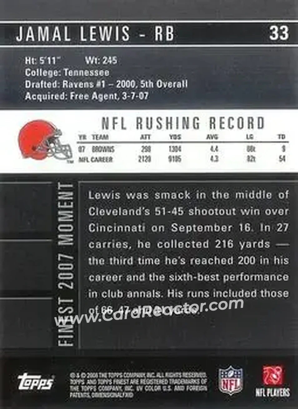2008 Finest #33 - Jamal Lewis - Cleveland Browns - Back