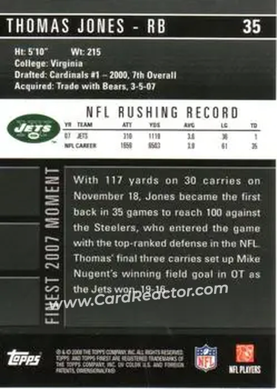 2008 Finest #35 - Thomas Jones - New York Jets - Back