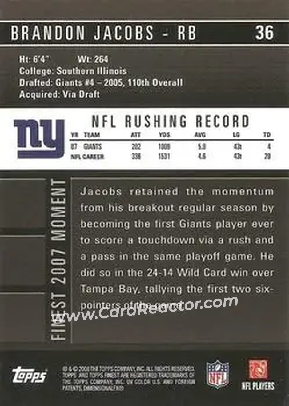 2008 Finest #36 - Brandon Jacobs - New York Giants - Back