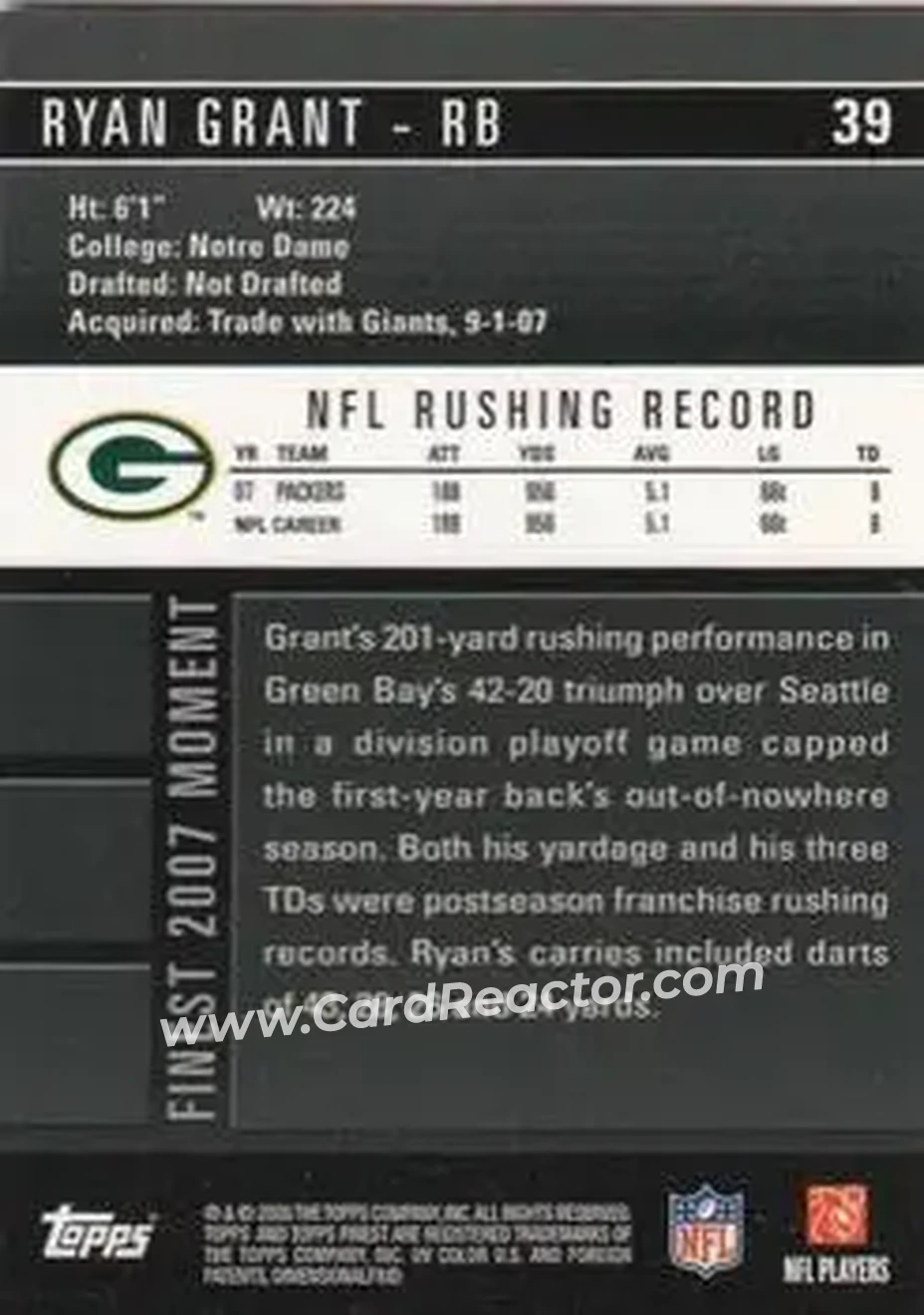 2008 Finest #39 - Ryan Grant - Green Bay Packers - Back