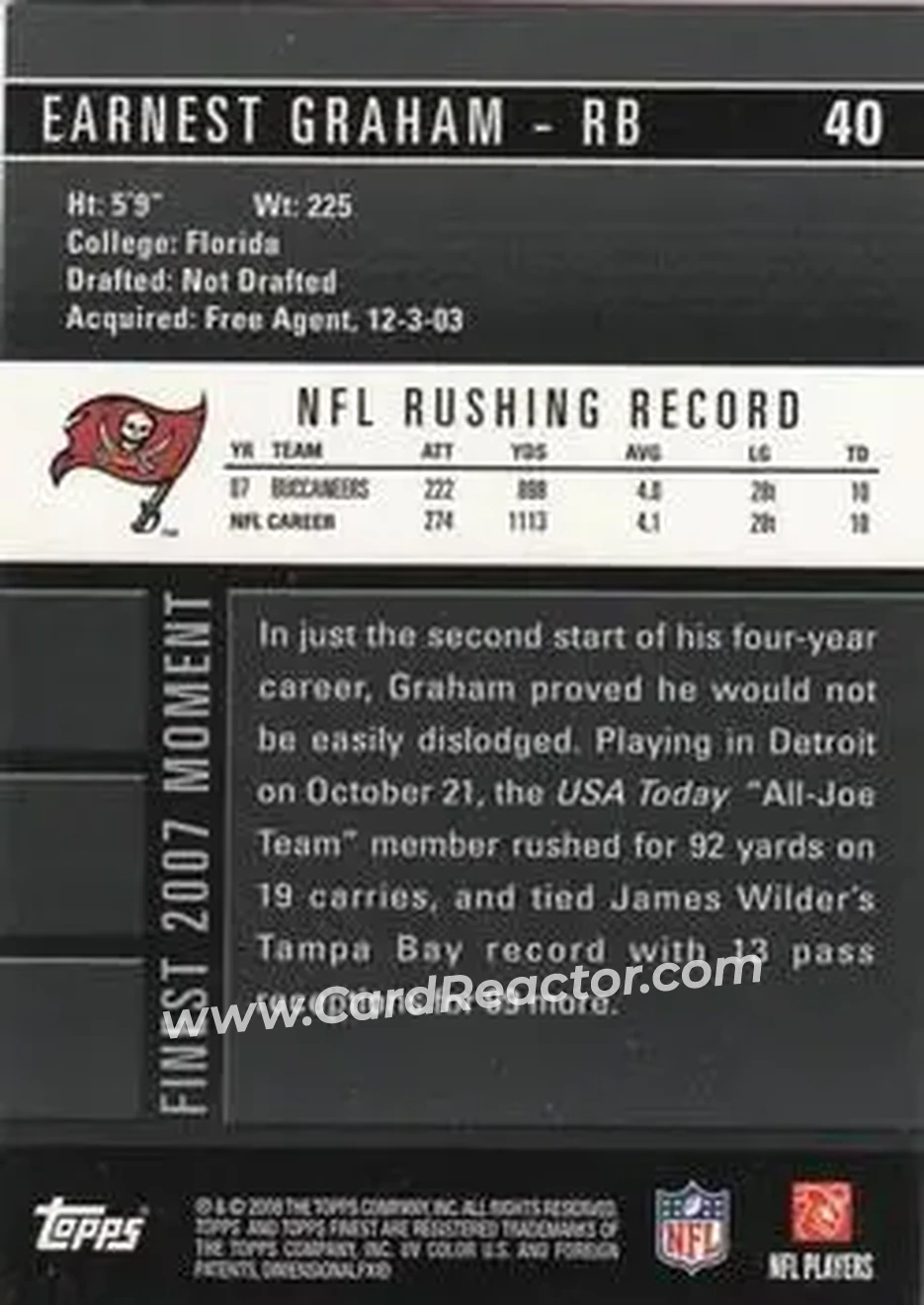 2008 Finest #40 - Earnest Graham - Tampa Bay Buccaneers - Back