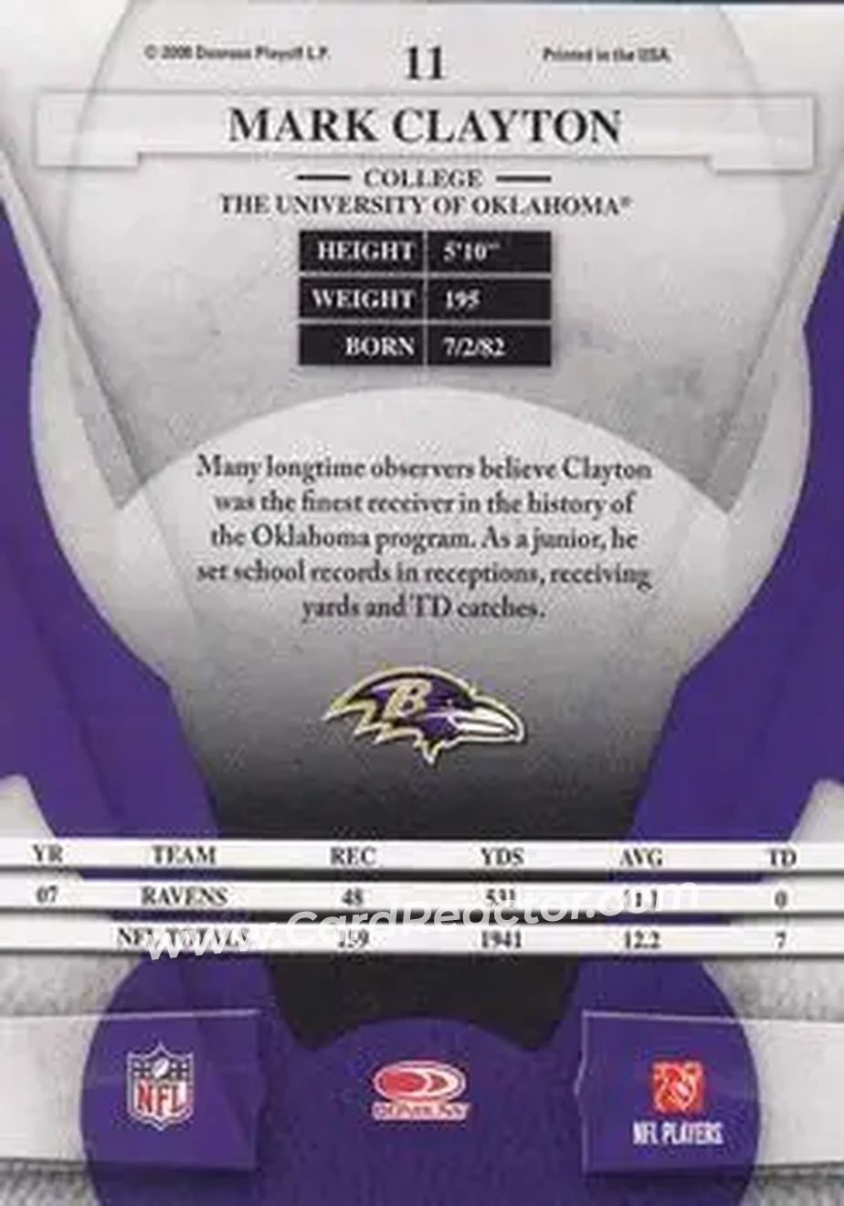 2008 Leaf Certified Materials #11 - Mark Clayton - Baltimore Ravens - Back