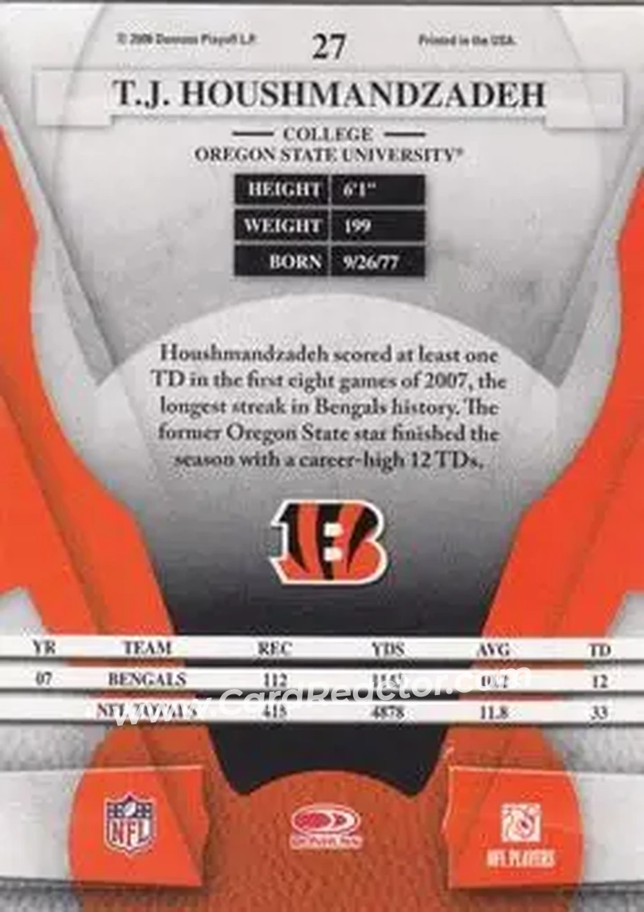 2008 Leaf Certified Materials #27 - T.J. Houshmandzadeh - Cincinnati Bengals - Back